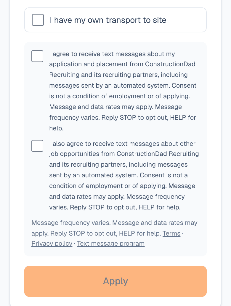 The application form's consent section: two unchecked boxes with the full text-message disclosure, above the Apply button